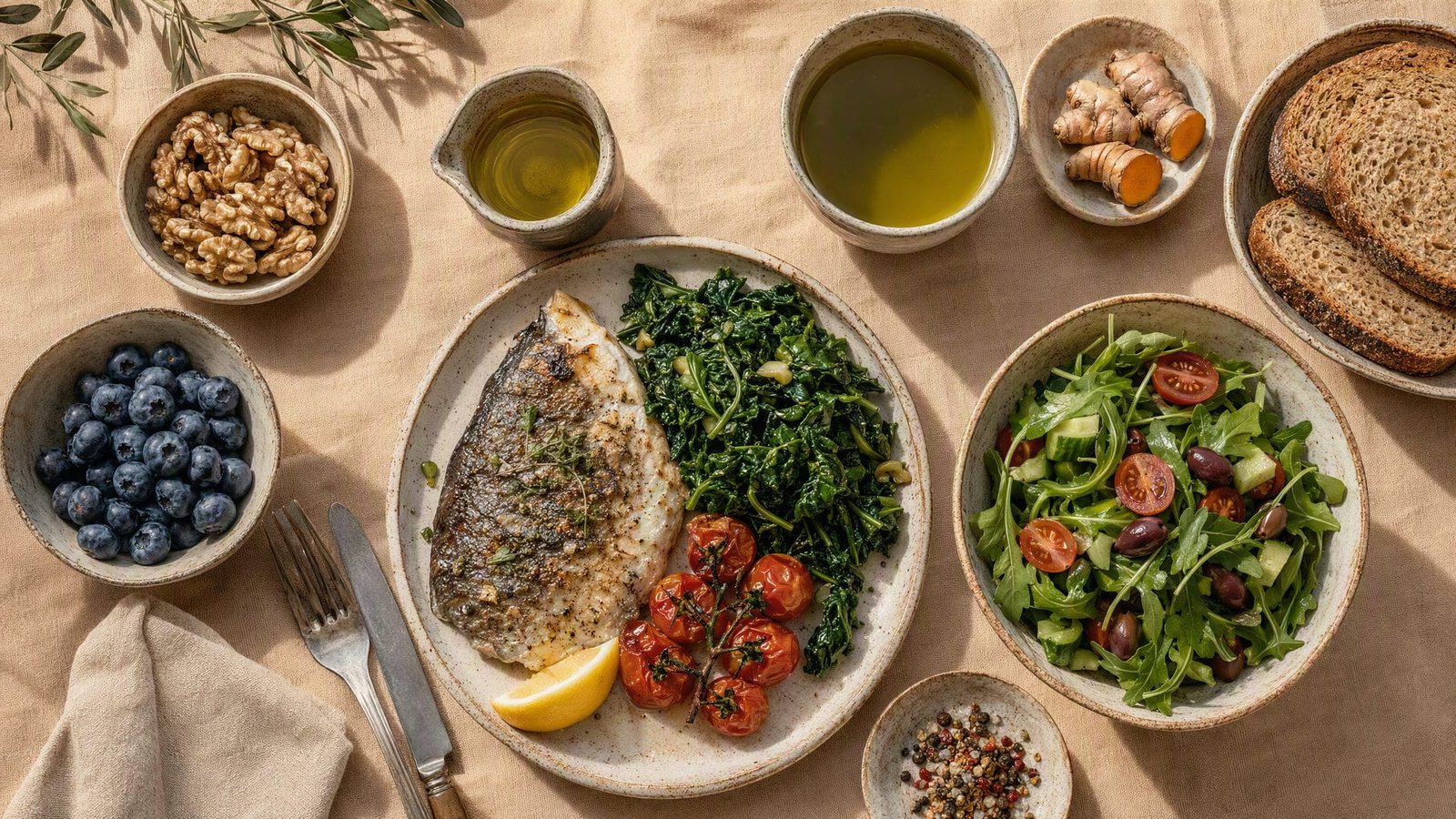 Pasto antinfiammatorio mediterraneo con alimenti freschi